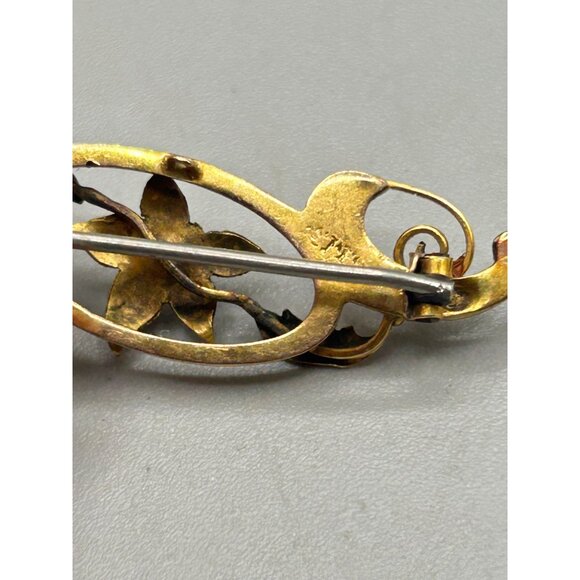 Antique 9kt 375 Gold Floral Brooch with Blue Gemstone Accent Bar Pin - Picture 6 of 9